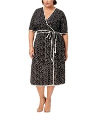 Fox & Royal Womens Contrast Trim Wrap Midi Dress, Black, Plus Size, 2X