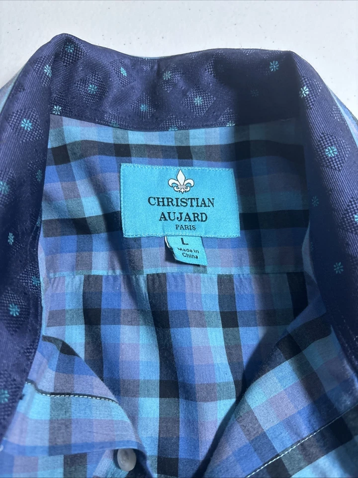 Christian Aujard Paris Mens Long Sleeve Button Shirt L blue Plaid Flip Cuff - Image 3 of 4