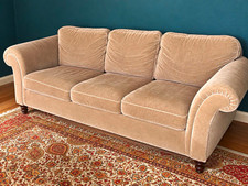 Beige Velvet 3 Seater Sofa Scroll Arms Living Room