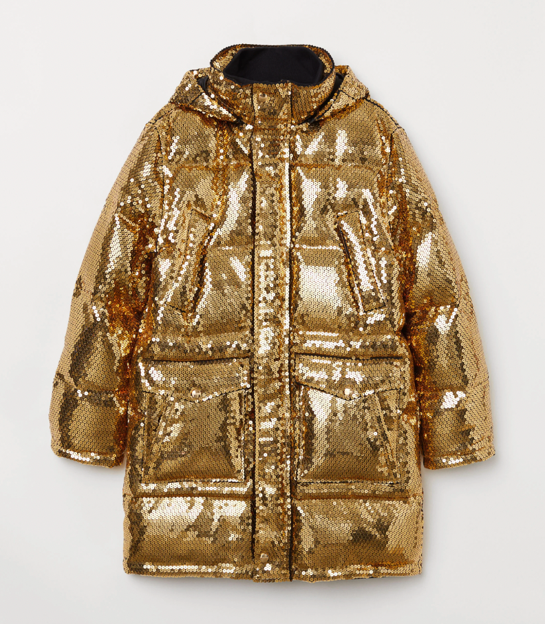 Moschino x H&M Gold Metallic Sequin Puffer Coat size Small UK