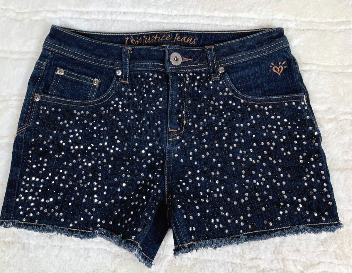 Justice Girls Denim Jean Shorts Studded Rhinestone Bling Size 14R