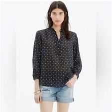 Madewell Women s Black Shirred Popover Shirt Polka Dot Cotton Size Medium