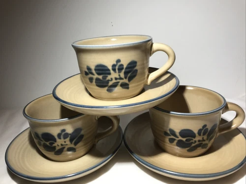 Set Of 3 VINTAGE PFALTZGRAFF FOLK ART CUP MUG AND SAUCER #001 USA Tan Blue
