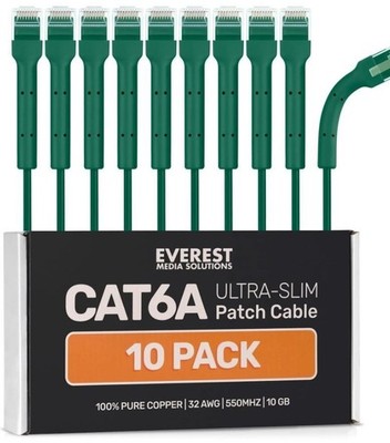 Everest Media Solutions CAT6A Ultra Slim Patch Cable 7ft 10 Pack 32AWG 10GB