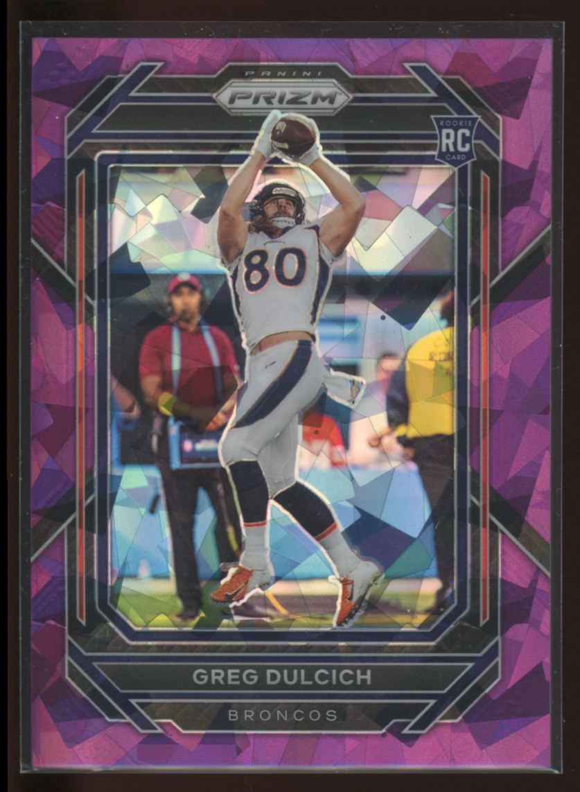 Greg Dulcich 2022 Panini Prizm Purple Ice RC /225 #360 Denver Broncos Rookie