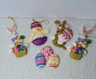 Vtg (5) Handmade Polymer Clay Easter Ornament White Brown Bunny Rabbit Egg Chick