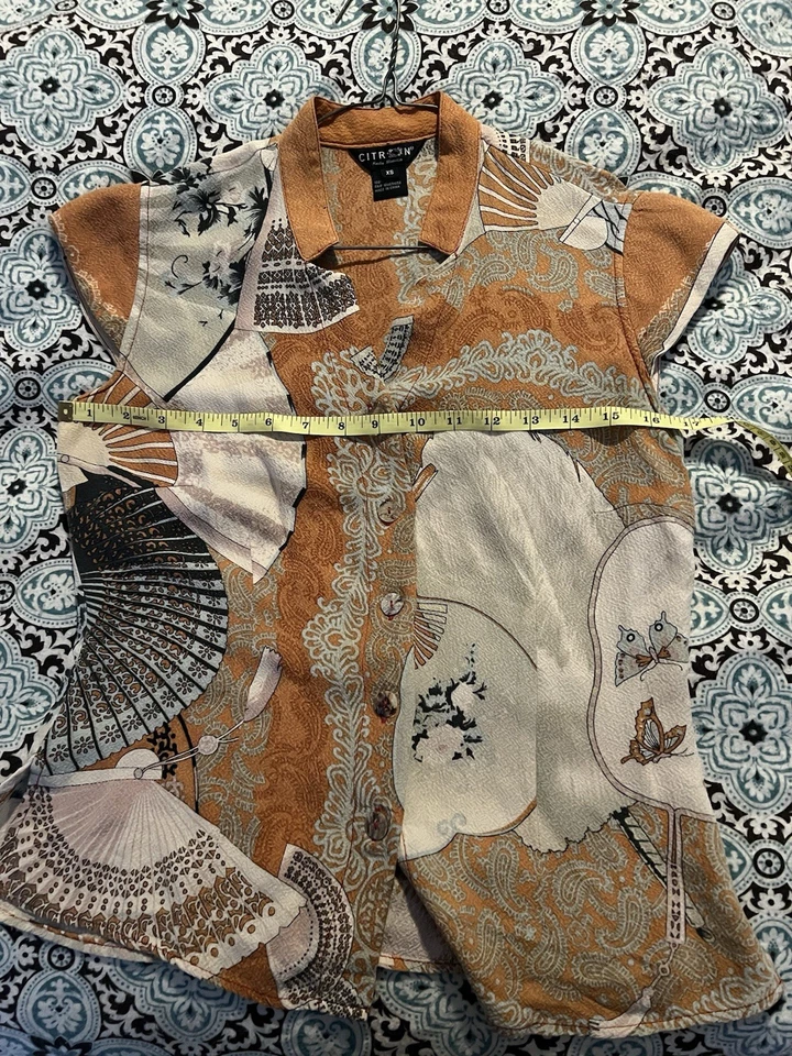 Blusa de Seda de Lujo Citron Santa Mónica Top Abanico Asiático Mariposa Cachemira XS Foto 3 de 4