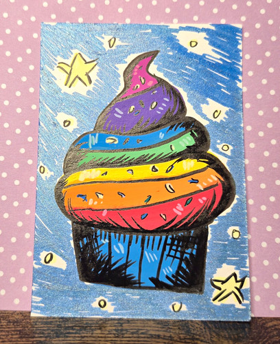ACEO Original Rainbow Cupcake Miniature Illustration OOAK ATC annamaes.artistry