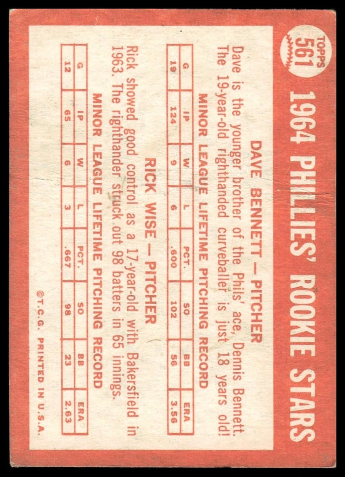 1964 Topps #561 Phillies 1964 Rookie Stars (Dave Bennett / Rick Wise) RS, RC Foto 2 de 2
