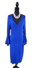 Eliza J Midi Dress Sz L Blue Knit V Neck Layered Bell Sleeve Sheath 12 14 NEW 