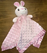 Pink Bunny Lovey Baby Security Blanket Embroidered Eyes Minky Dot Satin Bottom