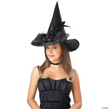 Adults Black Witch Hat With Bow Feather