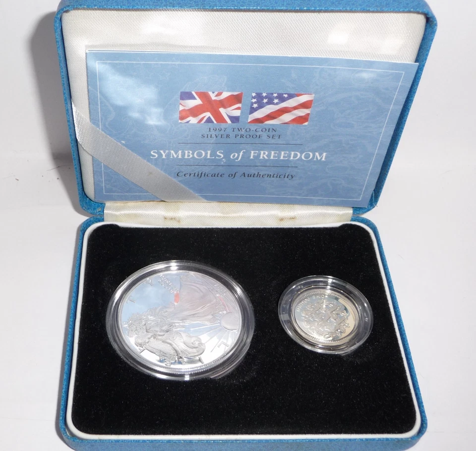1997 Prueba Símbolos de Libertad, Juego de Dos Monedas Ultra Raro con Caja y Certificado Foto 2 de 4