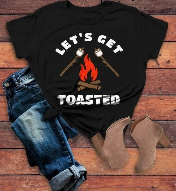 Women s Funny Bonfire T Shirt Let s Get Toasted Marshmallow Graphic Tee Camping