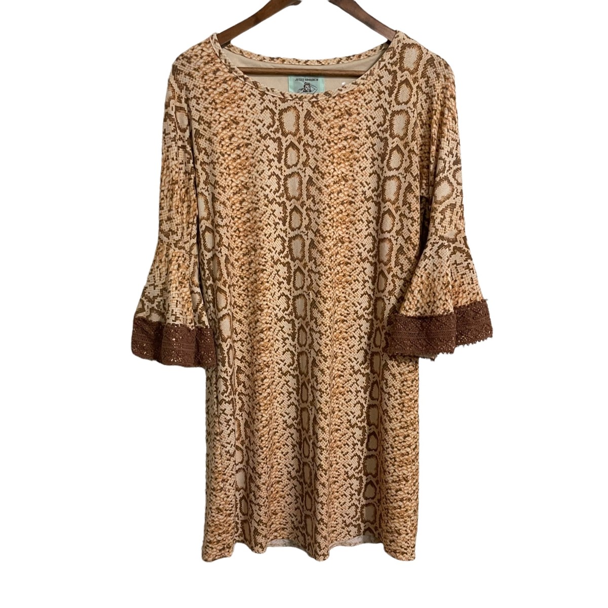 Judith March Womens Tan Giraffe Print Bell Long Sleeve Crochet Trim Dress  Medium