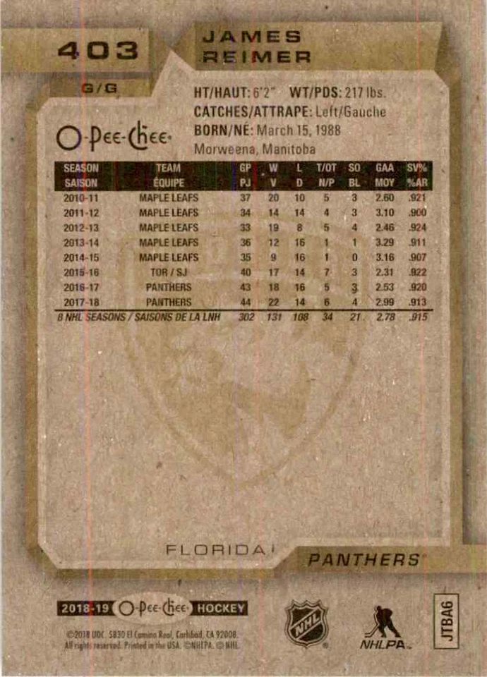 2018-19 O-Pee-Chee James Reimer #403 - Image 2 of 2