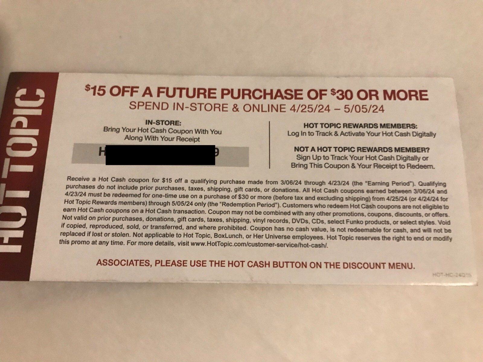 3 Hot Topic Hot Cash 15 off 30 coupons valid from 04/25/24 to 05/05/24 eBay