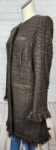 Vertigo Paris Tweed Boucle Jacket Coat Fringe Brown Silver Thread Quiet Luxury M - Picture 19 of 23