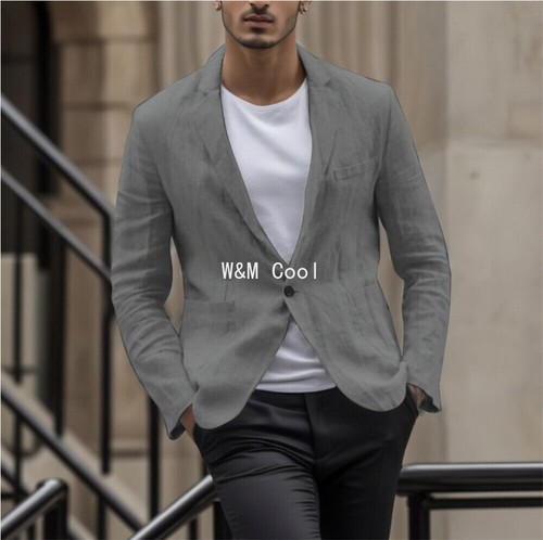 Men Linen Blazer Jacket Lightweight Casual Button Slim Fit Suit Coat Tops - Imagen 11 de 17