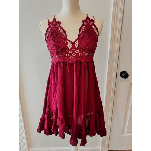 Vestido Free People Adella Rojo Vino Mini Alto Bajo Sin Mangas Encaje Pecho Para Mujer Pequeño - Imagen 9 de 10