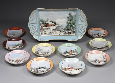The Best! C.1900 American Winter Scene Decorated Porcelain Ice Cream Dessert Set