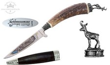 Tradycyjny nóż uchwyt rogu jelenia trawienie 2 klejnoty + goryczka + ozdobna czapka GEMSE