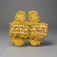 Cat and Jack fuzzy fur embellished girl slippers size 4 gold pearls rubber sole