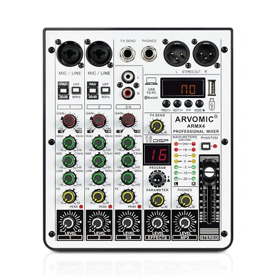 4-Kanal Audio Mixer, ARVOMIC DJ Mixer mit USB Audio Interface, Bluetooth Func