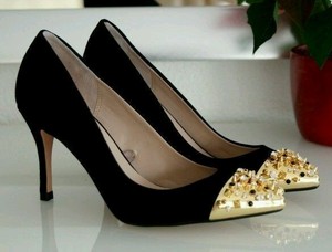 black and gold rhinestone heels