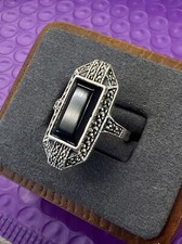 Black Onyx Rectangular Marcasite Sterling Silver Ring SZ 9.5
