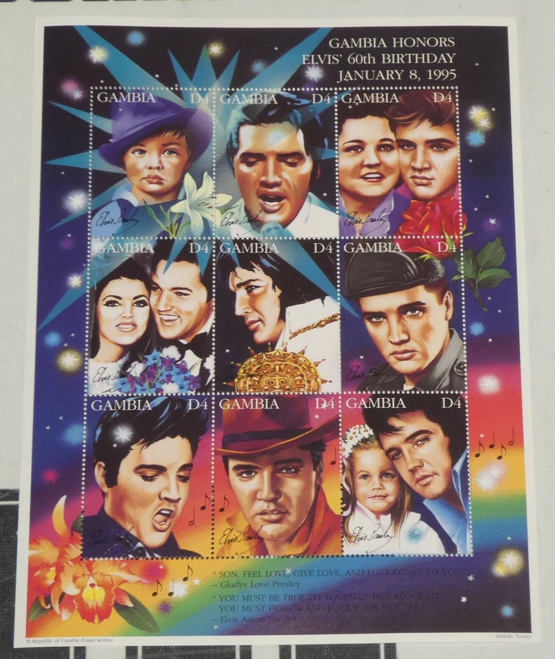 Лист марок Элвис Пресли Гамбия D4 9 марок 1995 60-й день рождения январь 1604 - Изображение 2 из 4