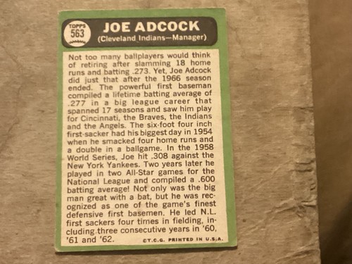 1967 TOPPS High Number #563 JOE ADCOCK CLEVELAND INDIANS - EX+ - Lite Corner Wea - Picture 2 of 2