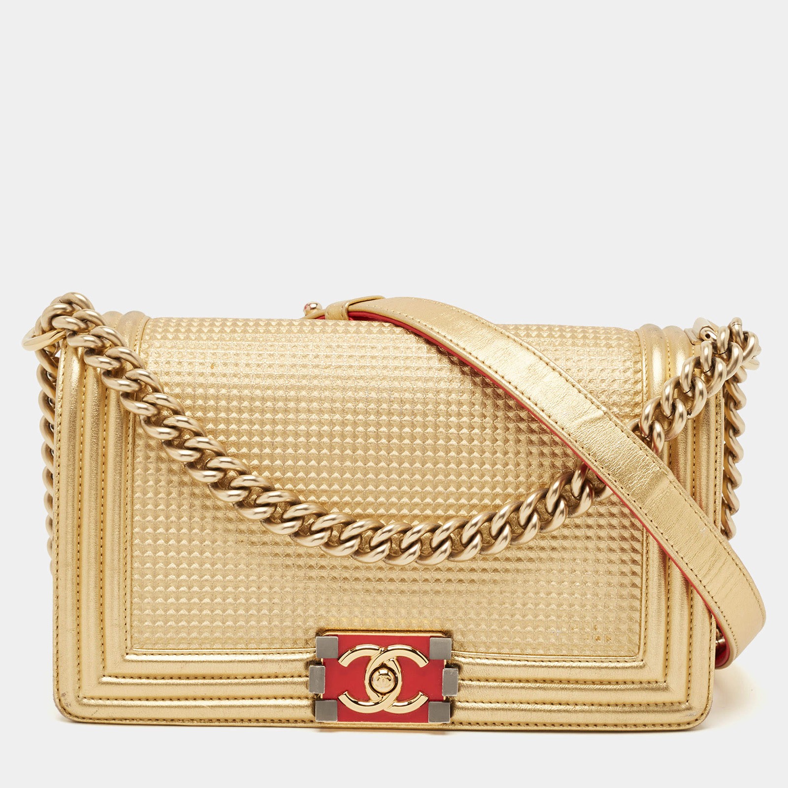 Chanel GoldRed Cube Embossed Leather Medium Boy Flap Bag