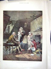 Old Antique Print 1899 Poor Family Home Extravagance Fire Bellows Colour 19th