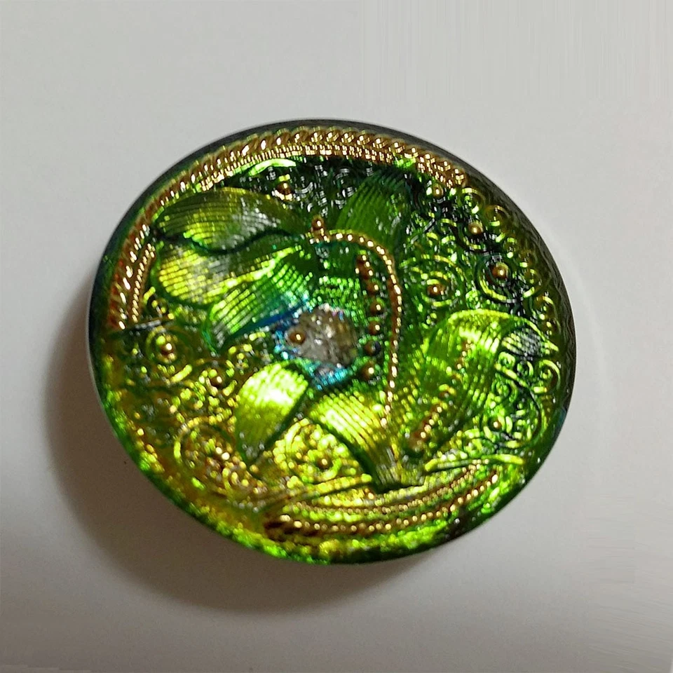 Botón flor vidrio checo lima y turquesa iridiscente 1-1/4" 32 mm 1 pieza Foto 4 de 4