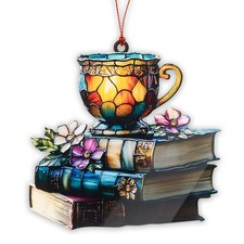 Book Ornament, Tea Books Floral Acrylic Suncatcher, Book Lover Gifts for Women,