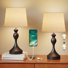 HOMCOM Table Lamps Set of 2, Modern Bedside Lamps with USB Ports, Black