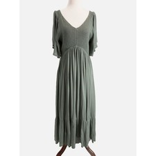 Baltic Born Smocked Bodice V Neck Tiered Peasant Midi Dress in Sage - Size Large