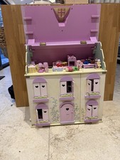 ELC ROSEBUD WOODEN DOLL'S HOUSE WITH FURNITURE AND DOLL FAMILY.
