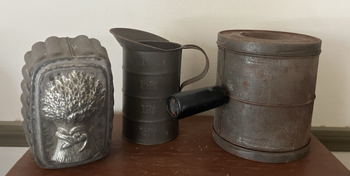 Lot of 3 Primitive Antique Kitchen SteeI Items Flour Sifter Pitcher & Food Mold