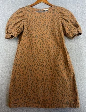 Universal Thread Dress Leopard Puff Sleeve Denim Stretch Pockets Casual Size 4
