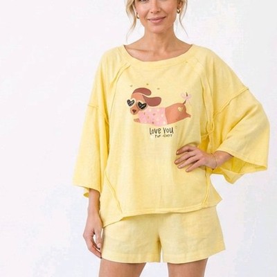 Lässiges T-Shirt OS 38 40 42 44 46 Gelb Oversize Italy Shirt Aufgesetzte Nähte