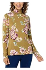 DG2 by Diane Gilman Women's Print Puff-Slv Turtleneck Top Olive Floral