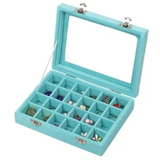 24 Slot Velvet Glass Jewelry Box Organizer Rings Earrings Tray Display Storage C