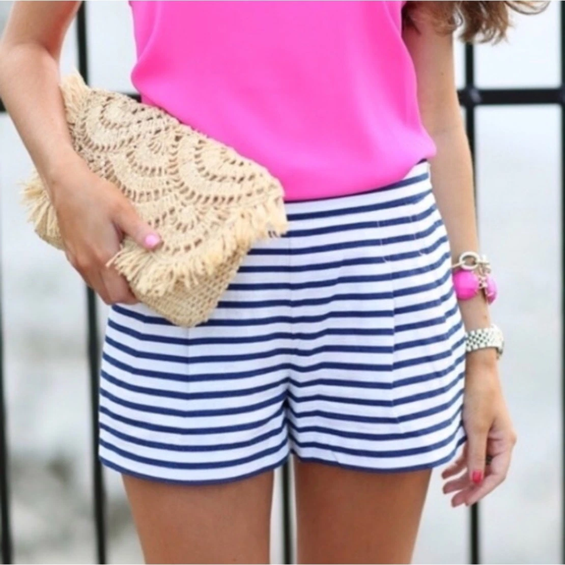 J. Crew Pleated Striped Shorts Navy Blue White 46966 Size 2