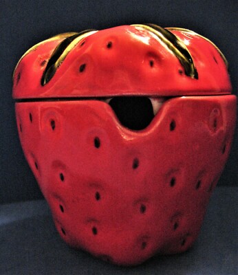 Extremely Rare Realistic Ceramic Pottery Strawberry Jam, Mustard, Condiment Jar