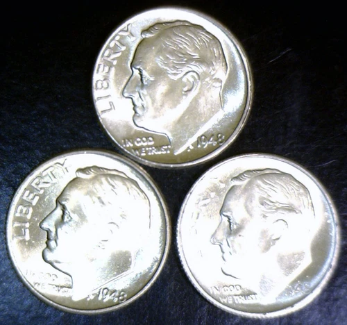 1948 1948d & 1948s BU + Roosevelt SILVER Dime Coins NICE LUSTROUS 3 Coin LOT NR