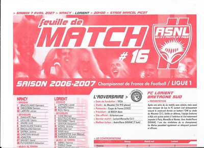 Spielbogen Nr. 16 ASNL - FC Lorient Bretagne Sud (2006 - 2007) - Ligue 1