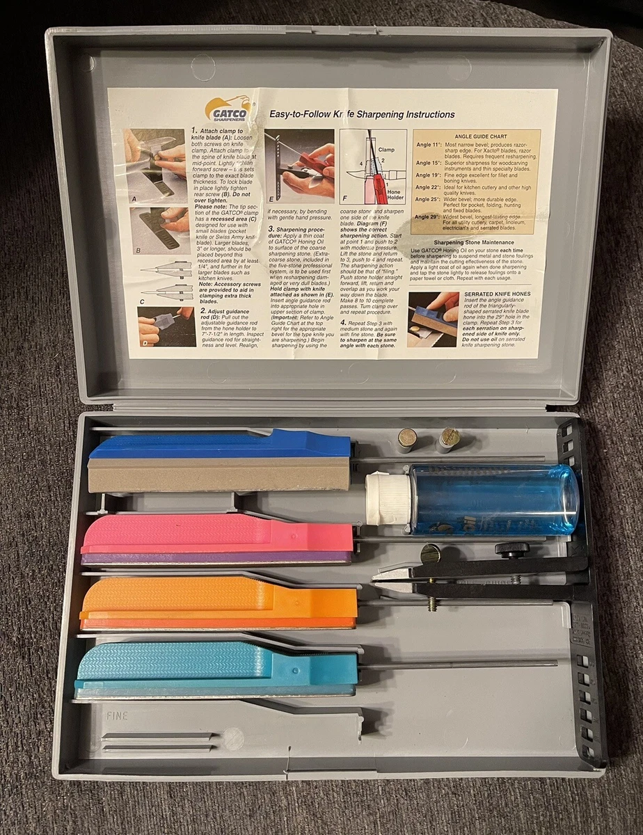 GATCO EDGEMATE KNIFE SHARPENING SET w/ Course/Medium/Fine, Clamp, Oil