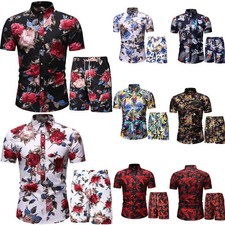 Summer Men's Fashion Loose Casual Print Short Sleeve Shirt Shorts Two Piece Set
